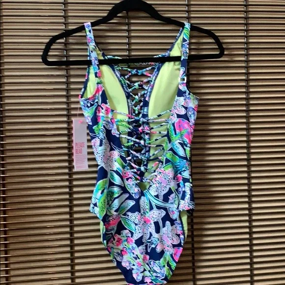 Lilly Pulitzer Isle Lattice One Piece Swim Suit 0 Deep Sea Navy Sway This Way - Picture 4 of 8